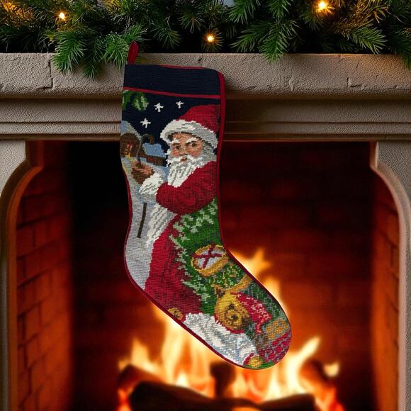 Vintage Needle Crafts Handmade Needlepoint Embroidery Christmas Stocking Santa - Picture 2 of 8